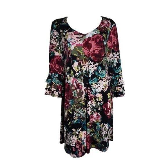 Connected Apparel Dress Womens Size 10 Multicolored Floral 3/4 Bell Sleeve - Picture 1 of 7